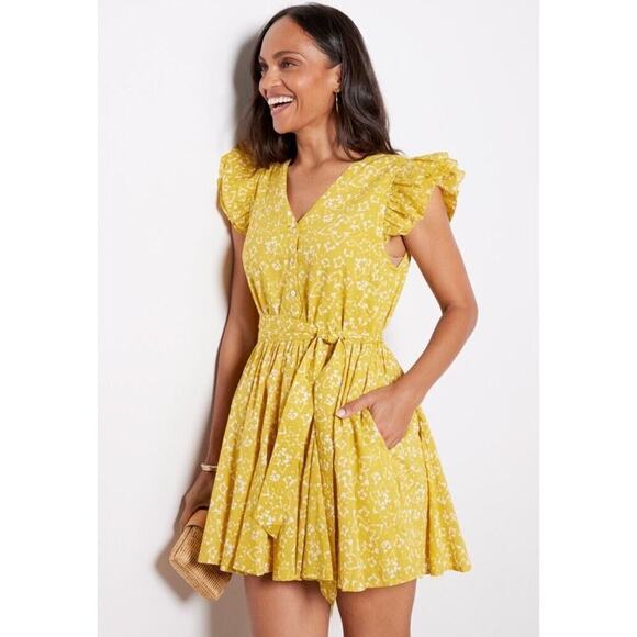 Evereve Cleobella Zia Mini Dress Small Printed Yellow Flutter Sleeve V Neck - Picture 16 of 16